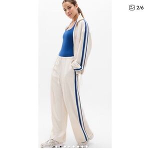 Athleta MVP Side Stripe Track Pants in Cream with Blue Stripe